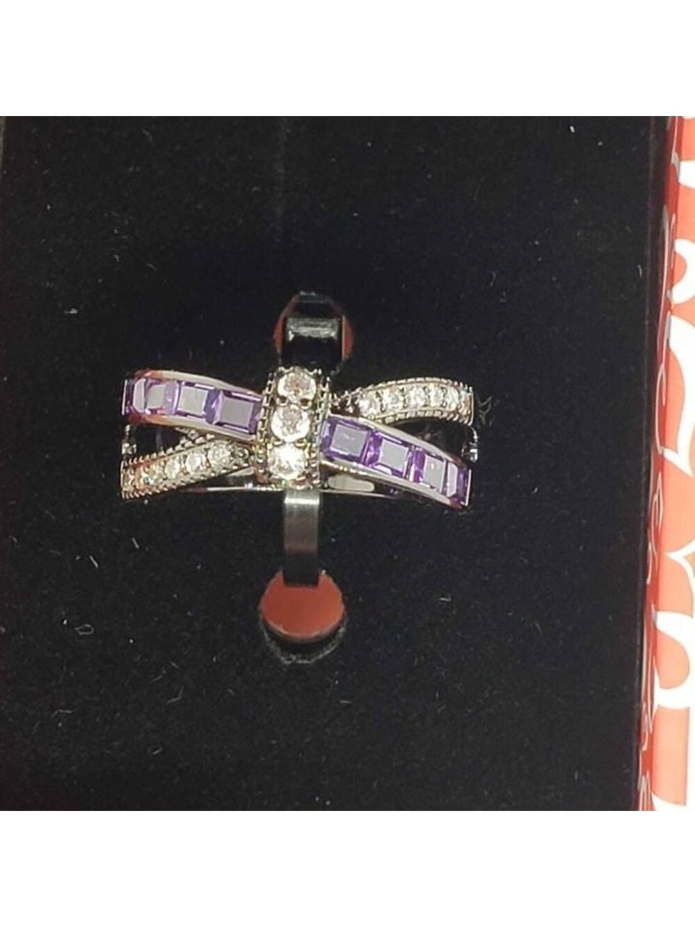 Brand New black rhodium ring with purple gemstones and cubic zirconia stones